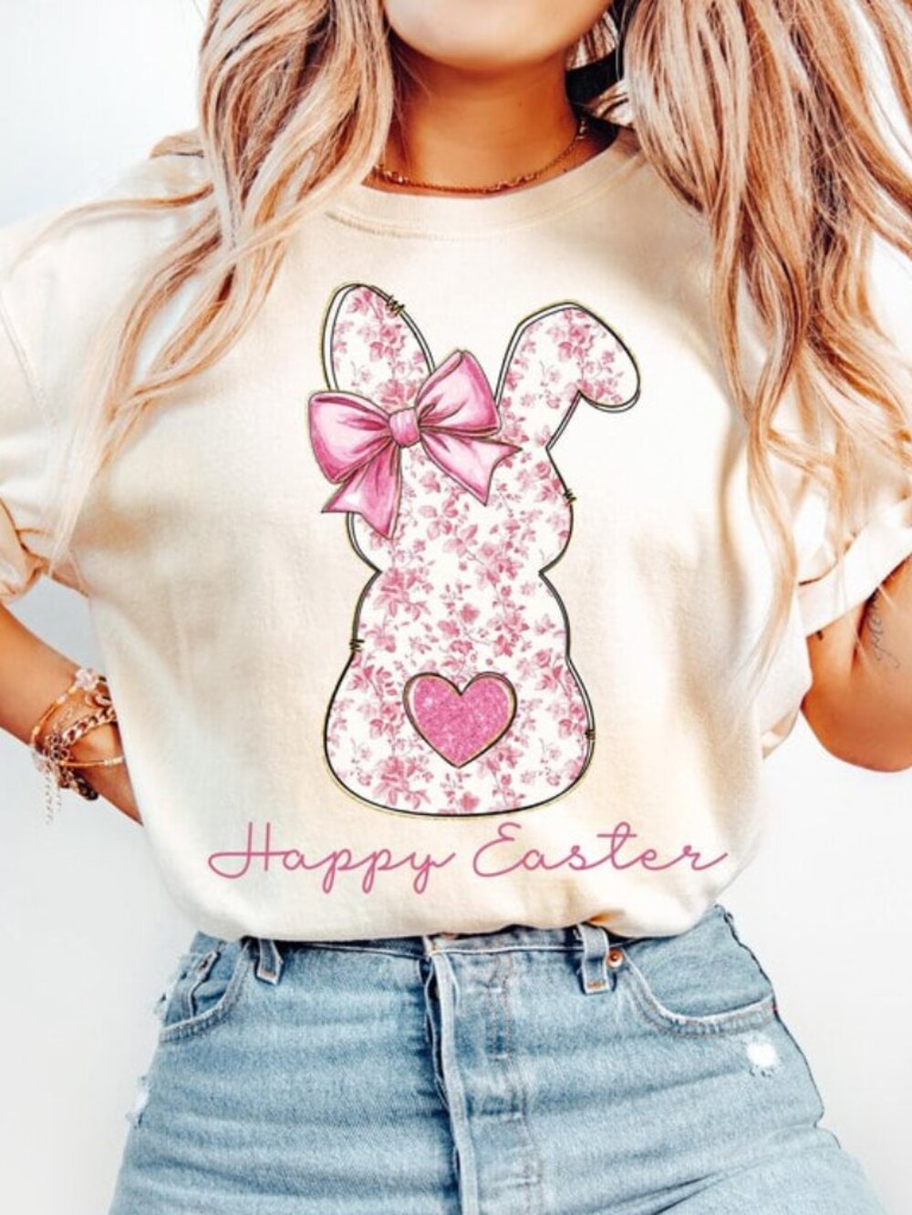 Happy Easter Pink Floral Bunny Tee, Rabbit Lover Gift, Cute Shirt For Easter